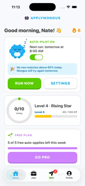 ApplyMongus home screen showing the daily briefing