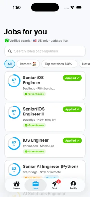 Job list with match scores for real openings