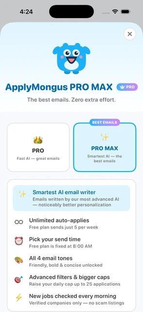 Plan selection screen showing Free, Pro, and Pro Max